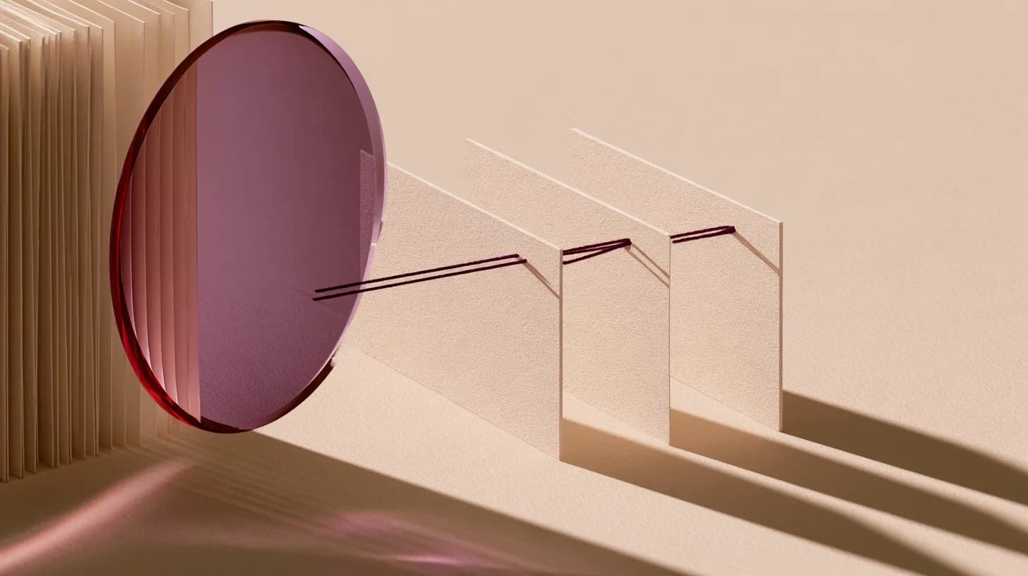 Paper account cards connected by a thread through a violet research lens