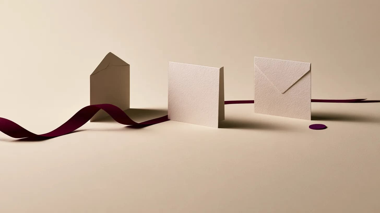 Correspondence cards spaced along a ribbon with a final stopping point